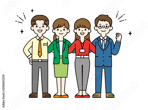 笑顔で肩を組む、チームワークで頑張る、複数の男女のビジネスチームの全身ベクターイラスト素材
