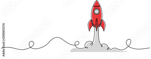 Red rocket launching upward with smoke trail on white background. no editable strokes