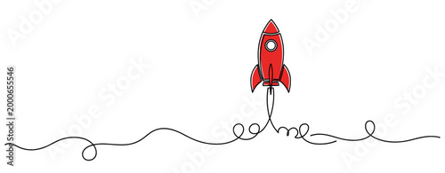 Rocket launching upward on continuous line background illustration. no editable strokes