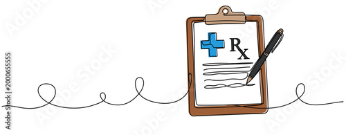 Medical clipboard being filled with prescription on paper. no editable strokes