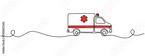 Ambulance driving along continuous line roadside illustration. no editable strokes