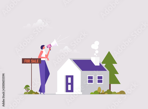Home for sale concept, owner or realtor stands near the sale sign in front of the house