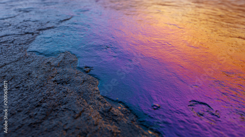 Close-up view of wet ground with colorful reflections from sunset, showcasing textures of soil and water in a natural outdoor setting