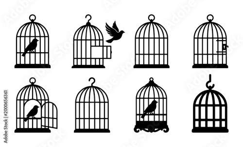 Cuadro en lienzo Vintage birdcage silhouette icons set, black bird cage vector illustrations with