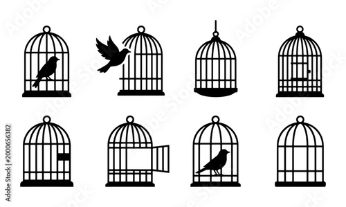 Photography Vintage birdcage silhouette set, black metal bird cage icons with flying birds,