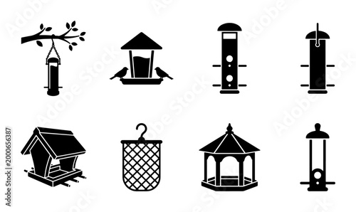 Schilderij op canvas Bird feeder icon set with 8 black vector silhouettes, garden birdhouse and hangi