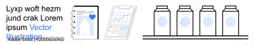 Business growth, market analysis, product packaging, quality control, data visualization, supply chain. Charts, graphs and lined-up bottles. Business growth and market analysis concept