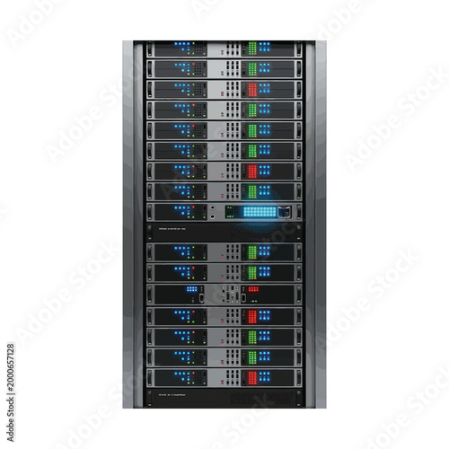 Data Center Server Rack with Network Equipment and Indicator Lights Representing Cloud Computing