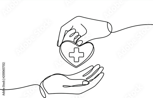 Continuous line drawing hand giving heart with plus sign symbolizing care, donation, love, support in minimal one line vector style