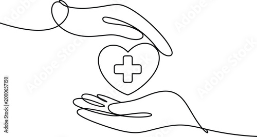 Continuous line drawing of hands sharing heart with medical cross representing charity, healthcare, compassion, aid in simple outline vector design