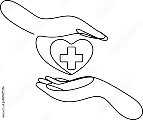 Continuous line drawing hands offering heart with plus sign expressing kindness, donation, medical support, humanitarian concept in one line style