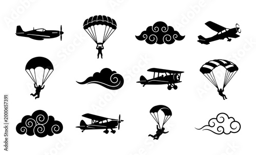 Fotografi 12 black and white vector silhouettes of parachuting people airplanes clouds and