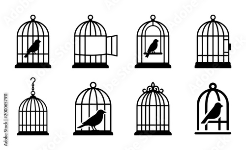 Bild auf Leinwand vector set of bird cage symbols with birds inside and one open without a bird