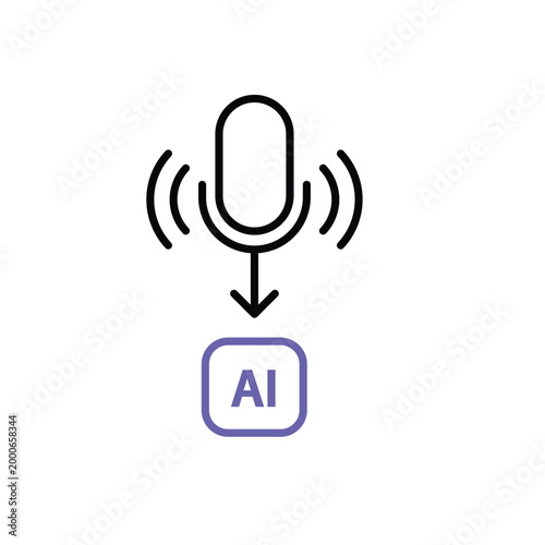 Voice AI icon. Sound waves around the mic and arrows to AI nodes. Work flow, automation, Engine. Outline design style.