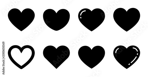 Set of 8 Black Heart Icons, Graphic Elements, Love Symbols, Valentine's Day, Romantic Design Assets, Vector Shapes, Simple and Glossy Styles