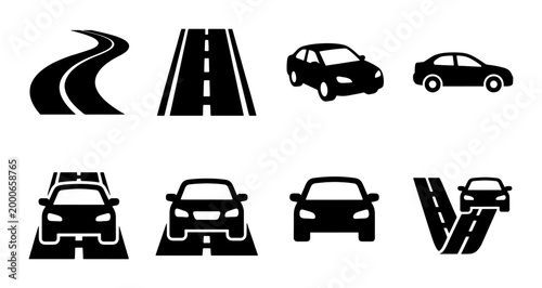 Fotografie Black car icons and road symbols set, 8 vector transportation elements, flat aut