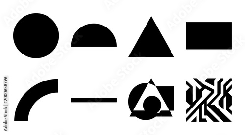 Fotografie Set of 8 Minimalist Black and White Geometric Shape Silhouettes Featuring Circle