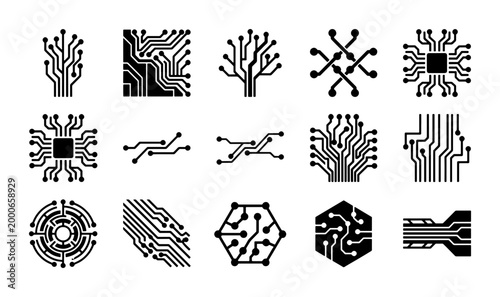Tableau sur toile Circuit board pattern icons set, 15 black technology motherboard elements, digit