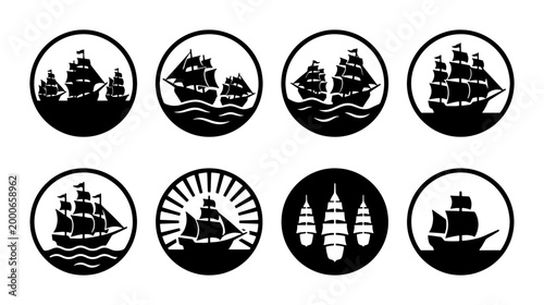 Canvastavla Vintage sailing ship icons, nautical tall ship silhouettes in circular frames, s