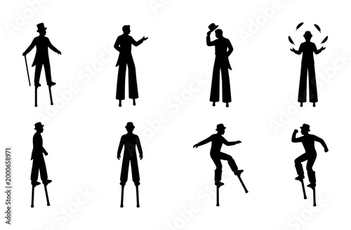 Konstfotografi Vintage circus stilt walker silhouettes, set of 8 performer icons