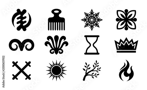 Traditional Adinkra symbols and ethnic icons set, black West African cultural motifs, 12 tribal vector elements for graphic design and branding