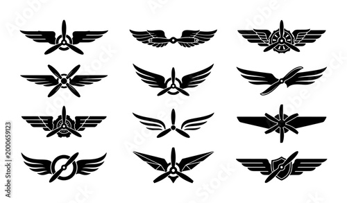 Photos Vintage aviation emblems set, 12 black airplane propeller icons with wings, retr