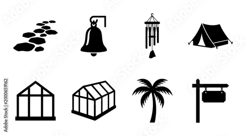 Foto Outdoor Adventure and Garden Icons Set: Tent, Greenhouse, Palm Tree, Path, Bell,
