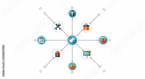 Global network of interconnected icons representing technology and services.