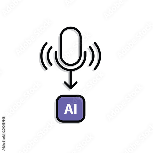 Voice AI icon. Sound waves around the mic and arrows to AI nodes. Work flow, automation, Engine. Mixed design style.