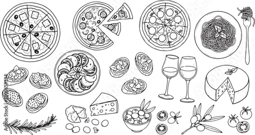Delicious Italian Food and Drink Collection Pizzas, Pasta, Cheese, Olives, Wine, and Bruschetta