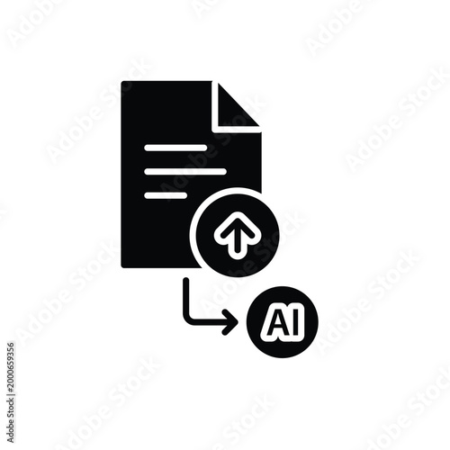 File Upload Icon. Document with upload arrow and arrow to AI node. Work flow, automation, Engine. Flat design style.