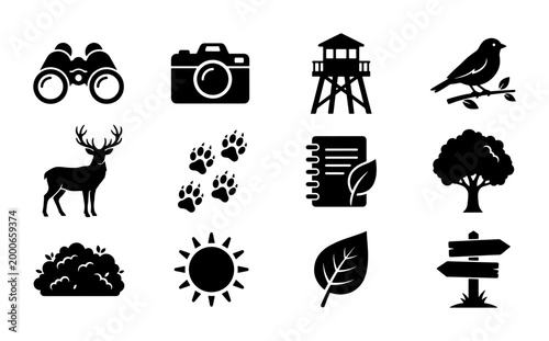 Nature and Wildlife Icons Set: Binoculars, Camera, Deer, Bird, Paw Prints, Tree, Sun, Leaf, Bush, Watchtower, Signpost, Notebook for Outdoor Exploration and Conservation Graphics