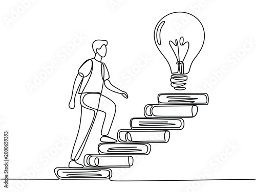Continuous line drawing man ascending stairs of books with glowing idea lamp expressing education, inspiration, knowledge growth in one line style