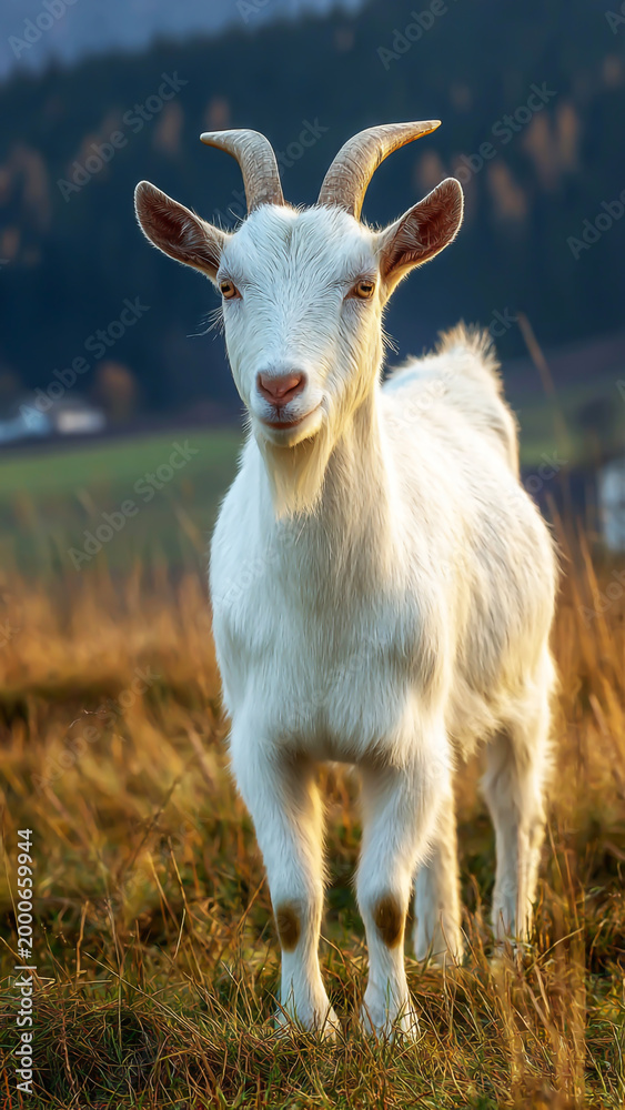 Fototapeta premium A white goat with small horns standing in a dry grassy field during golden hour, looking directly at the camera