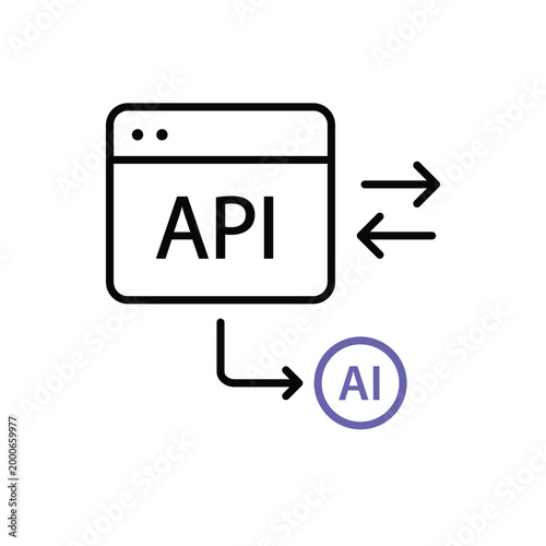 API Request icon. Box with back and forth arrows and arrows to AI nodes. Work flow, automation, Engine. Outline design style