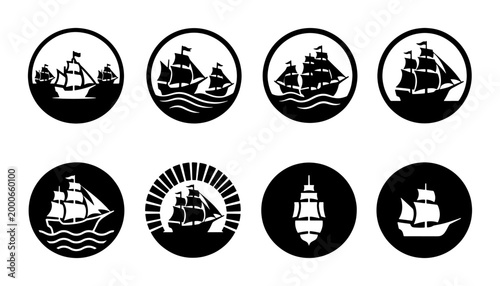 Fotografía Vintage sailing ship icons, set of 8 nautical vessel silhouettes in circular fra