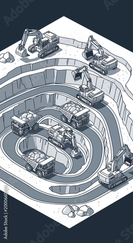 Isometric Mining Industry Vector Illustration, Coal Mining Excavator, Heavy Equipment, Industrial Landscape