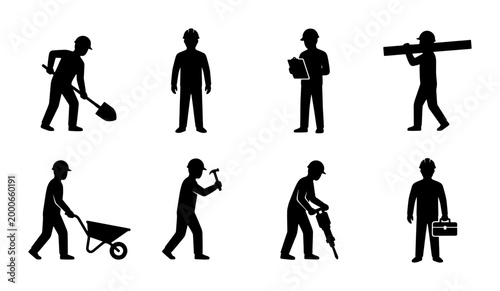 Konstfotografi Construction worker silhouettes set, industrial builder icons with tools, manual