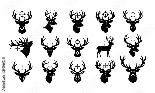 Foto Hunting deer silhouettes with crosshair targets, set of 15 black buck head icons