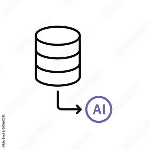 Data Import icon. Data stack and arrow to AI node. Work flow, automation, Engine. Outline design style.