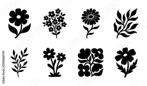 Black Floral Silhouettes, Botanical Vector Icons, Simple Flower Graphics, Decorative Plant Elements, Nature Art, SVG Collection