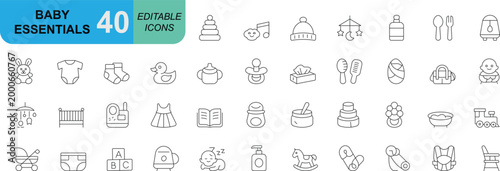 Modern minimal baby essentials icon collection covering newborn care, feeding, toys, nursery, hygiene and parenting items. Perfect for apps, ecommerce, healthcare and childcare design. Clean editable 