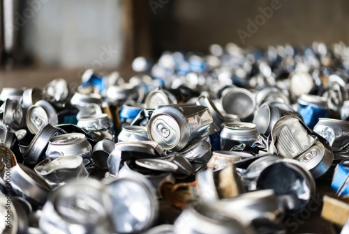 Pile of crushed aluminum cans, recycling, waste management, environmental protection, industrial background