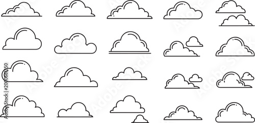 Set of diverse minimalist cloud illustrations, perfect for weather forecasts, sky elements, or graphic design projects requiring clean and modern atmospheric icons and symbols