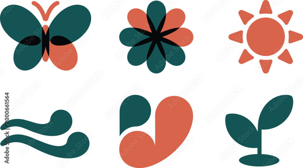 Fototapeta premium Abstract nature icon set, butterfly flower sun wind leaf symbols collection modern flat vector design package