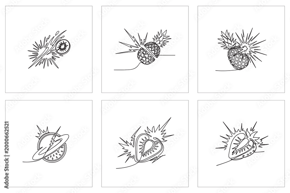 Fototapeta premium Set of continuous line drawing illustrations depicting various tropical and common fruits exploding with dynamic energy and motion.