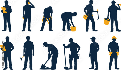 Construction worker silhouettes collection, handyman people with tools poses isolated modern labor vector design set package