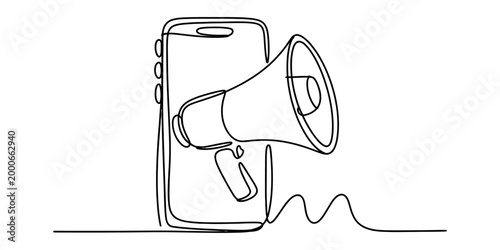 Continuous one line drawing of a smartphone with a megaphone for digital marketing and mobile communication concept Vector, illustration