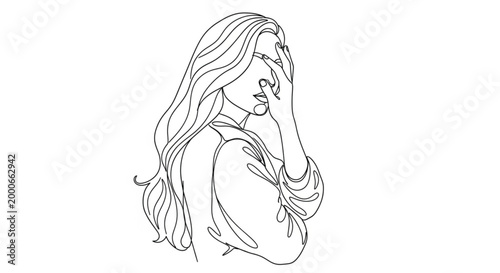 Minimal continuous line art woman portrait vector illustration with hand covering face expressing emotion beauty and modern abstract aesthetic design