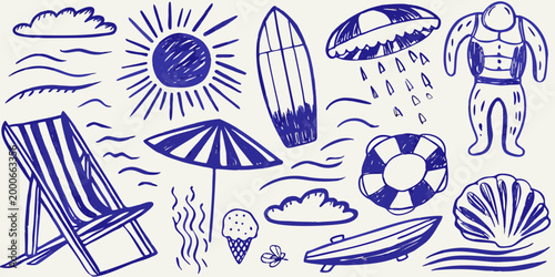 hand drawn beach elements illustration with surfboard umbrella and lifeguard float high quality professional detailed